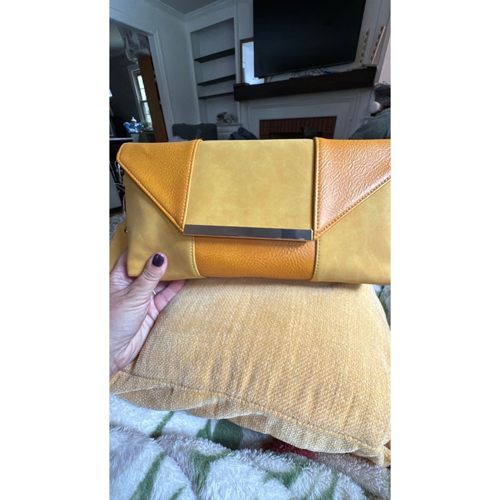 Two Tone Yellow Mustard Envelope Clutch Gold Bar Accent Faux Leather Handbag